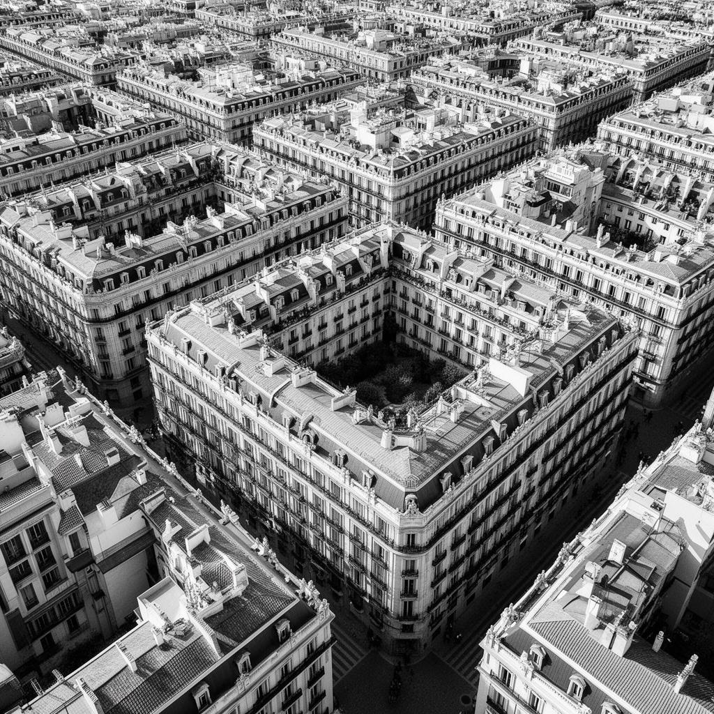 Vista aérea de las cubiertas del barrio de Salamanca, Madrid, en blanco y negro